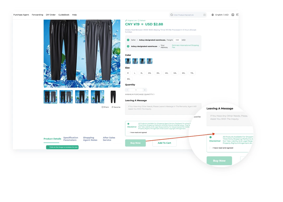 Acbuy Spreadsheet shopping guide step 2 method 1: select product options and buy now or add to cart.