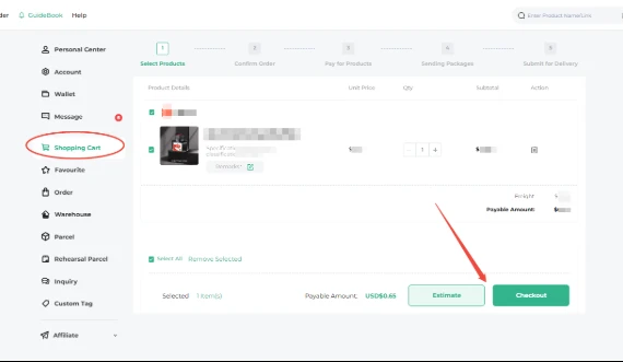 Acbuy Spreadsheet shopping guide step 2 method 2: submit selected cart items for checkout.