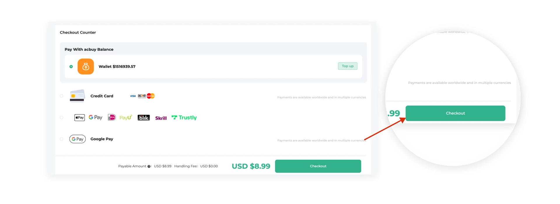 Acbuy Spreadsheet shopping guide step 3: choose a payment method and pay item plus domestic freight.