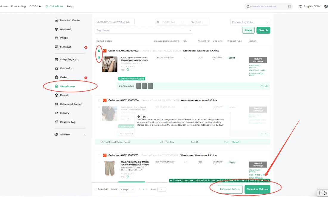 Acbuy Spreadsheet shopping guide step 6: submit warehouse items as an international parcel.