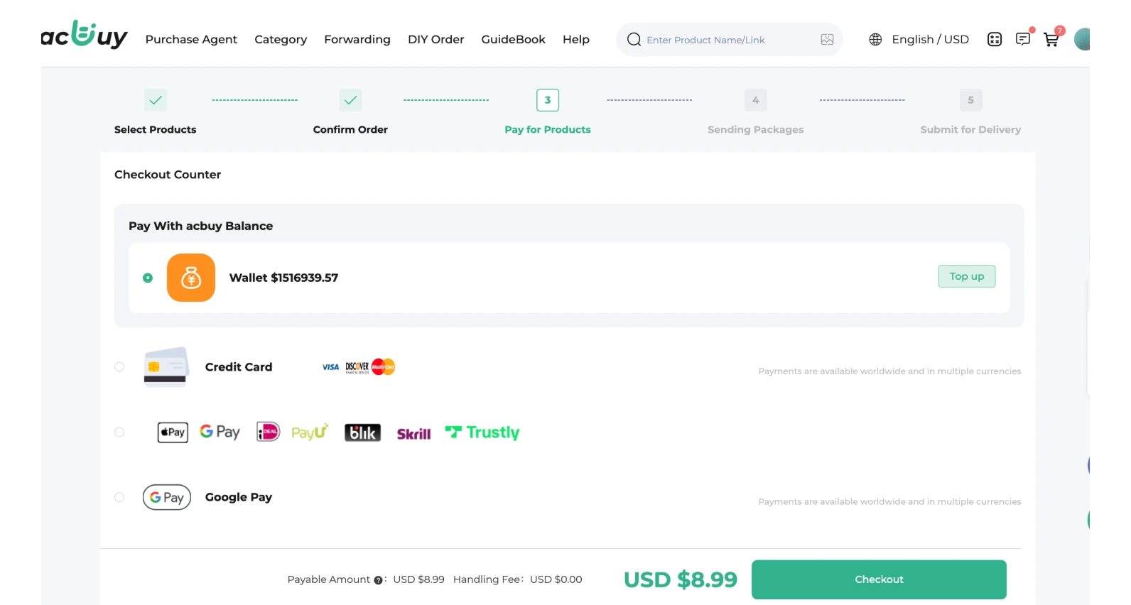 Acbuy Spreadsheet shopping guide step 7: pay international shipping deposit.