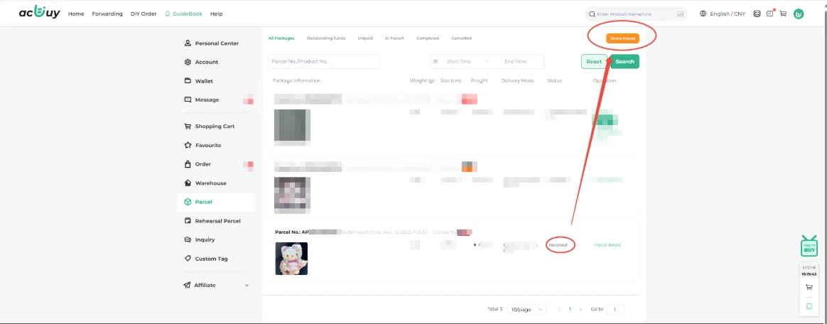 Acbuy Spreadsheet shopping guide step 9: confirm receipt and receive rewards.
